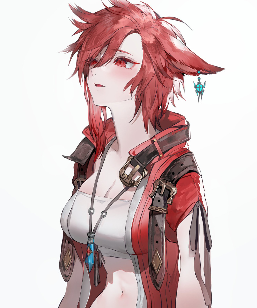 1girl animal_ears character_request commentary ear_piercing final_fantasy final_fantasy_xiv highres jacket jewelry miqo'te navel open_clothes open_jacket open_mouth pendant piercing red_eyes red_hair red_jacket short_hair simple_background solo strapless ti_ki tubetop upper_body white_background white_tubetop