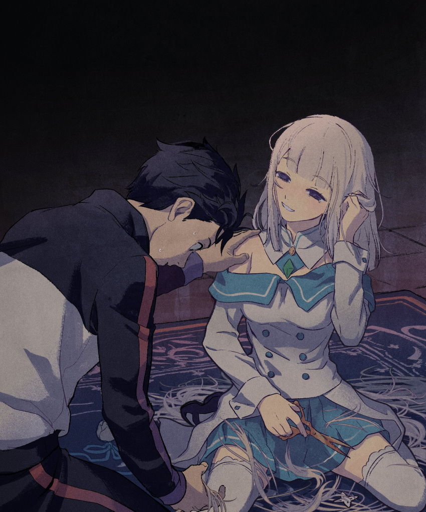 1boy 1girl absurdres bangs black_hair breasts buttons commentary_request cutting_hair detached_collar emilia_(re:zero) eyebrows_visible_through_hair eyelashes hand_in_hair hand_on_another's_shoulder hand_up highres holding holding_scissors iwamushi jacket natsuki_subaru off_shoulder pants parted_lips pleated_skirt re:zero_kara_hajimeru_isekai_seikatsu scissors short_hair sitting skirt smile sweat thighhighs