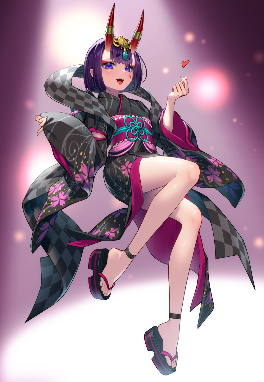 1girl absurdres bangs black_kimono bob_cut breasts eyeliner fate/grand_order fate_(series) floral_print headpiece highres horn_ornament horn_ring horns japanese_clothes kimono legs long_sleeves looking_at_viewer lostroom_outfit_(fate) makeup obi oni oni_horns open_mouth purple_eyes purple_hair sandals saruchitan sash short_hair shuten_douji_(fate) skin-covered_horns small_breasts smile wide_sleeves