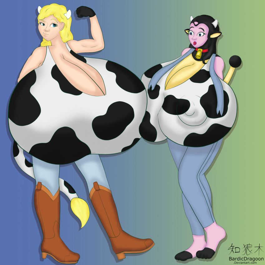 animal_humanoid animal_print anthro bardicdragoon barefoot bessie_miltank_(sturk-fontaine) biceps big_bessie_(sturk-fontaine) big_breasts boots bovid bovid_humanoid bovine bovine_humanoid breast_expansion breasts cattle_humanoid clothing cow_print cowbell cowboy_boots cowgirl_outfit curvy_figure duo expansion feet female footwear hi_res huge_breasts humanoid hyper hyper_breasts mammal mammal_humanoid miltank monster_girl_(genre) nintendo overalls pok&eacute;mon pok&eacute;mon_(species) video_games voluptuous wardrobe_malfunction