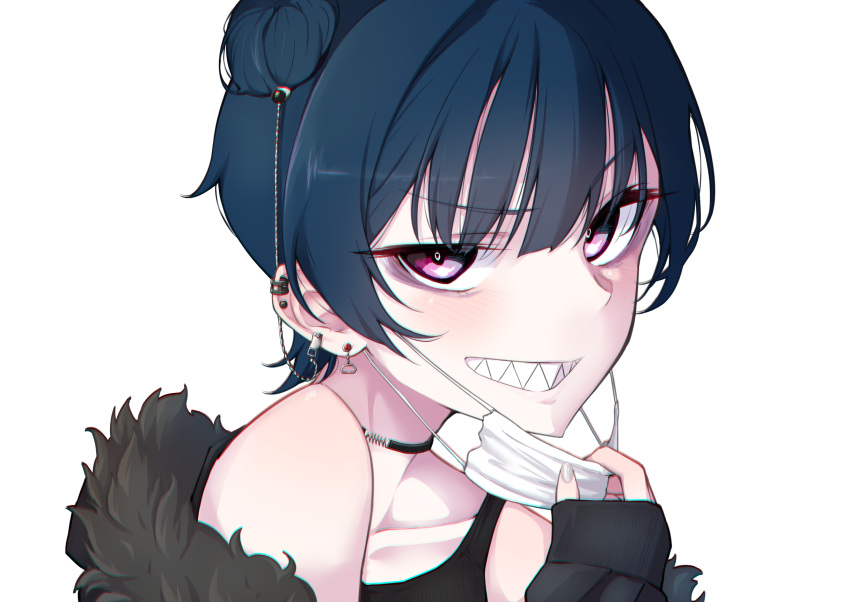 1girl alternate_hair_length alternate_hairstyle black_camisole black_choker black_jacket blue_hair camisole choker ear_clip earrings fingernails from_side grey_nails hair_bun highres jacket jewelry linked_piercing long_sleeves looi_lan looking_at_viewer looking_to_the_side love_live! love_live!_sunshine!! mask mask_pull mouth_mask nail_polish nasuno_(nasuno42) piercing purple_eyes sharp_teeth short_hair simple_background smile solo surgical_mask teeth tsushima_yoshiko upper_body white_background