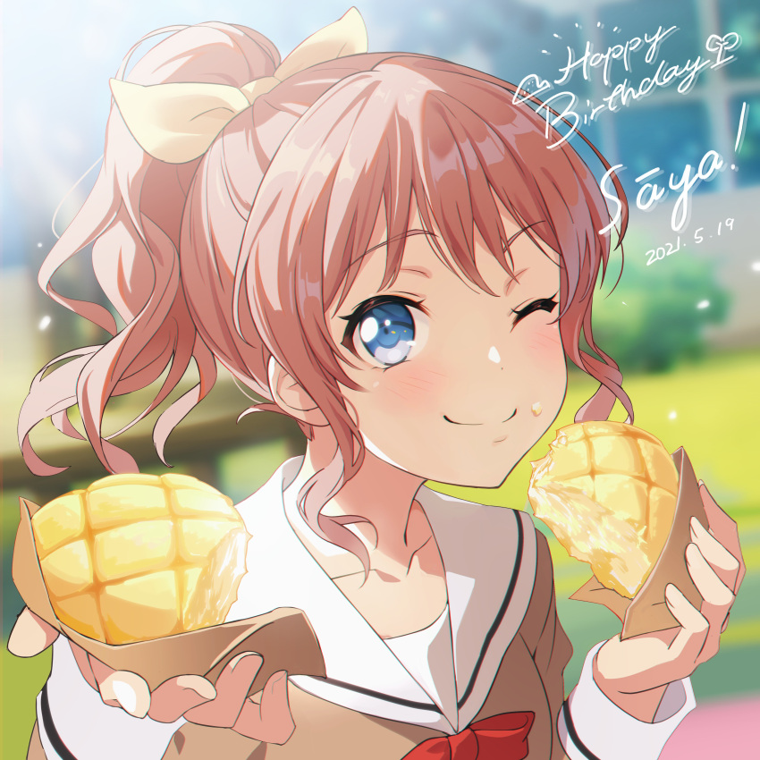 1girl ;) absurdres bang_dream! bangs blue_eyes blurry blurry_background blush bow bread brown_hair closed_mouth dated day eyebrows_visible_through_hair food food_on_face hair_bow hanasakigawa_school_uniform happy_birthday highres holding holding_food long_sleeves looking_at_viewer melon_bread nobusawa_osamu one_eye_closed outdoors ponytail portrait sailor_collar school_uniform serafuku short_hair sidelocks smile solo yamabuki_saaya yellow_bow