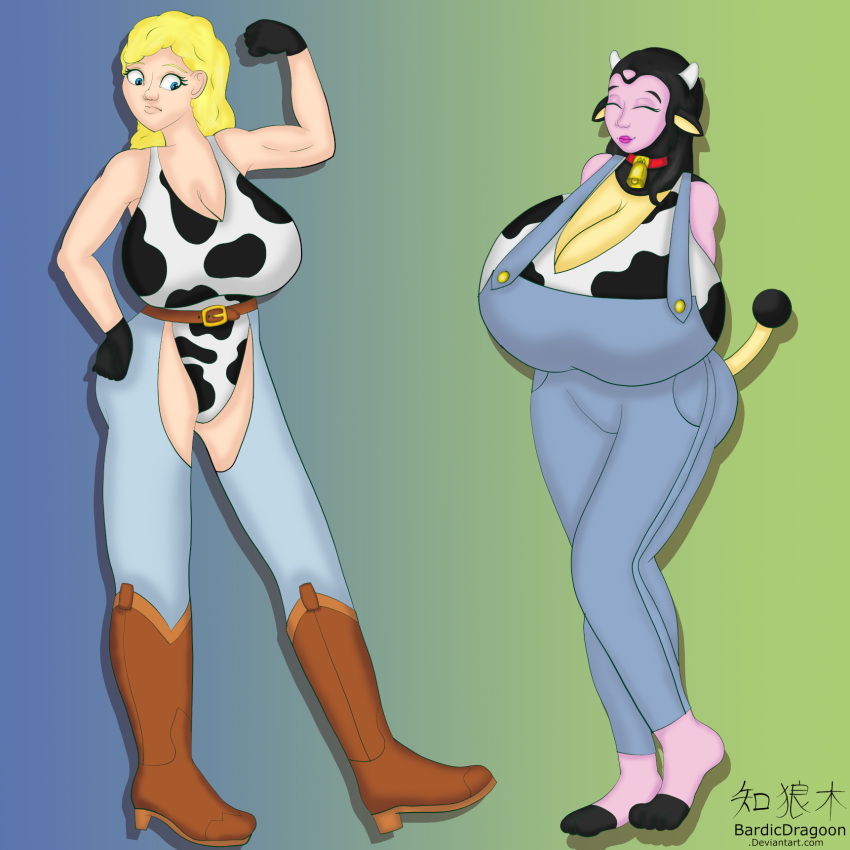 animal_humanoid animal_print anthro bardicdragoon barefoot bessie_miltank_(sturk-fontaine) biceps big_bessie_(sturk-fontaine) big_breasts boots bovid bovid_humanoid bovine bovine_humanoid breasts cattle_humanoid clothing cow_print cowbell cowboy_boots cowgirl_outfit curvy_figure duo feet female footwear hi_res huge_breasts human humanoid mammal mammal_humanoid miltank nintendo overalls pok&eacute;mon pok&eacute;mon_(species) video_games voluptuous