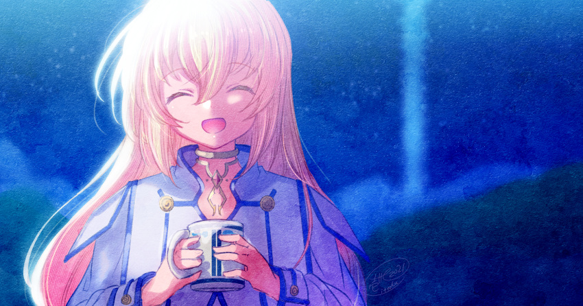 1girl :d ^_^ bangs blonde_hair closed_eyes collet_brunel commentary_request cup eyebrows_visible_through_hair facing_viewer hair_between_eyes holding holding_cup ittokyu jacket long_sleeves mug open_mouth signature smile solo tales_of_(series) tales_of_symphonia upper_body white_jacket