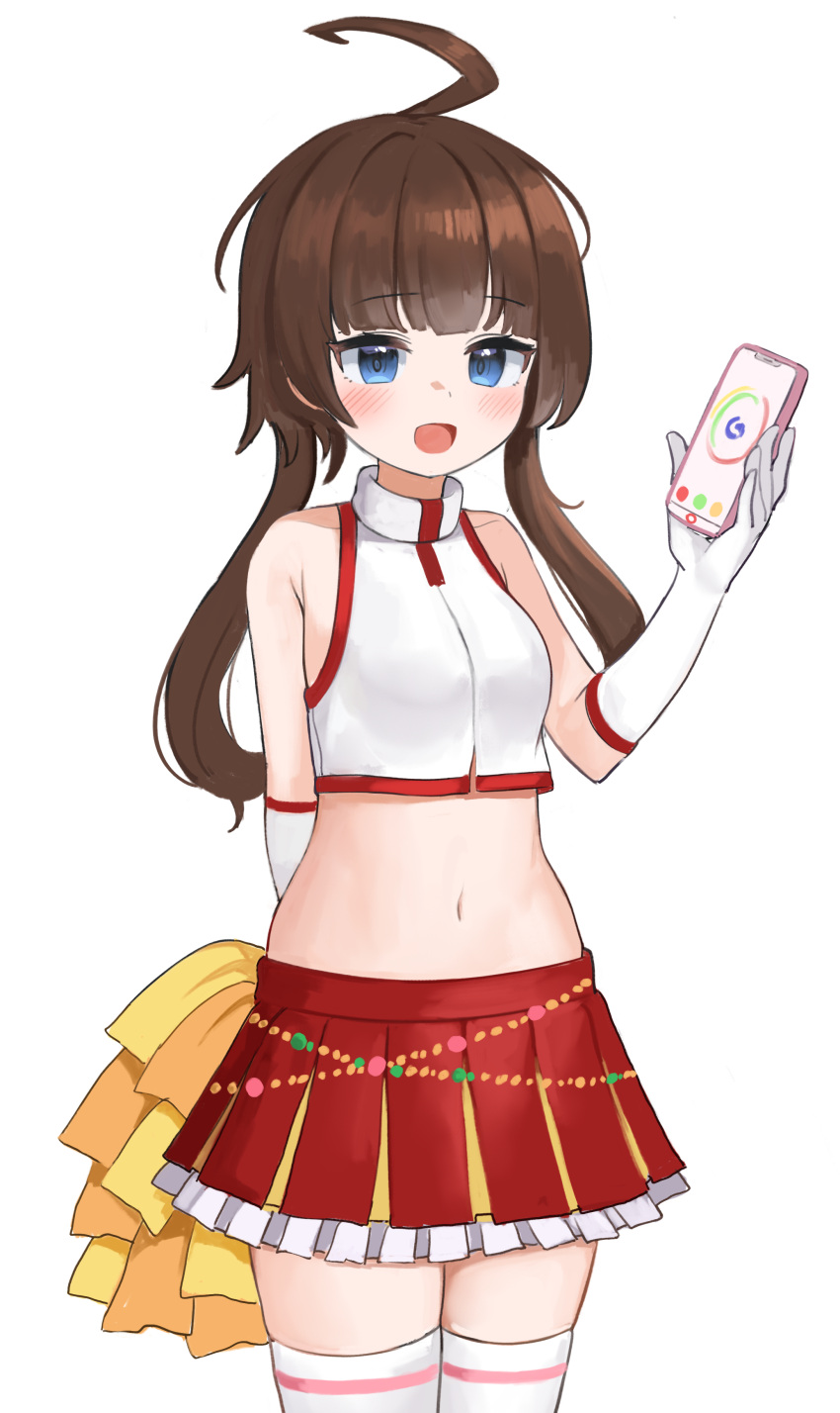 1girl :d absurdres ahoge arm_behind_back armpit_crease bare_shoulders blue_eyes breasts brown_hair cellphone cheerleader counter_side cowboy_shot crop_top frilled_skirt frills gloves hand_up highres holding holding_phone holding_pom_poms long_hair looking_at_viewer midriff miniskirt navel open_mouth phone pleated_skirt pom_poms red_skirt seojinhui shirt simple_background skirt sleeveless sleeveless_shirt small_breasts smartphone smile solo standing stomach thighhighs white_background white_gloves white_legwear white_shirt yang_harim zettai_ryouiki