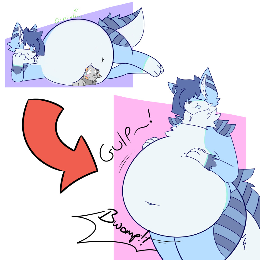 absurd_res azzyjackal belly big_belly calico_cat canid canine canis caught domestic_cat duo felid feline felis hi_res jackal male male/male mammal mottled nervous overweight overweight_male piebald pinned rumbling_stomach same_size_vore thick_thighs toony unwilling_vore vore