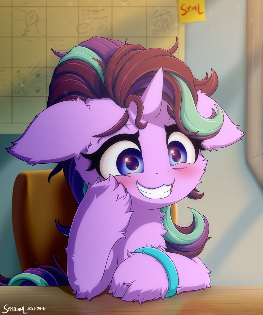 2021 absurd_res blue_eyes blush bracelet digital_media_(artwork) equid equine female feral friendship_is_magic grin hair hasbro hi_res horn jewelry long_hair mammal multicolored_hair my_little_pony nervous pivoted_ears smile solo starlight_glimmer_(mlp) stressed symbianl two_tone_hair unicorn