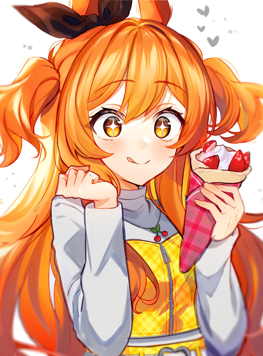 1girl absurdres blush closed_mouth crepe eyebrows_visible_through_hair food hair_between_eyes heart highres holding holding_food jewelry kawachi_rin long_hair long_sleeves mayano_top_gun_(umamusume) necklace orange_eyes orange_hair simple_background smile solo tongue tongue_out two_side_up umamusume upper_body white_background