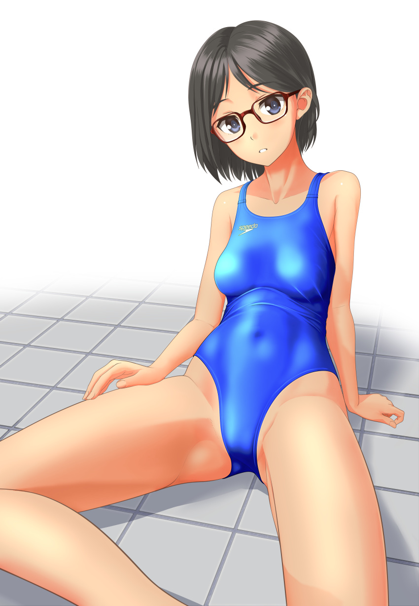 1girl absurdres black-framed_eyewear black_eyes black_hair blue_swimsuit breasts clothes_writing collarbone commentary_request cowboy_shot glasses highres looking_at_viewer medium_breasts original parted_lips short_hair simple_background sitting solo speedo_(company) swimsuit takafumi tan tile_floor tiles white_background