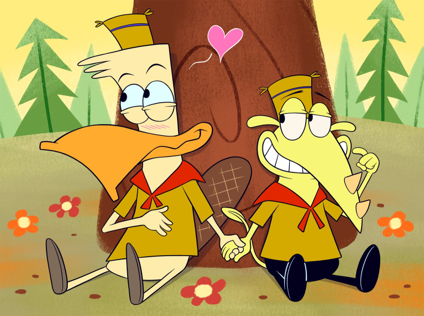 &lt;3 2021 4_fingers anthro anti_dev beak blush camp_lazlo cartoon_network clam_(camp_lazlo) clothed clothing duo edward_platypus fingers flower forest grin half-closed_eyes hand_holding hand_on_stomach hat headgear headwear hi_res horn looking_at_another male male/male mammal monotreme narrowed_eyes outside plant platypus rhinocerotoid scout_uniform sitting smile teeth tree