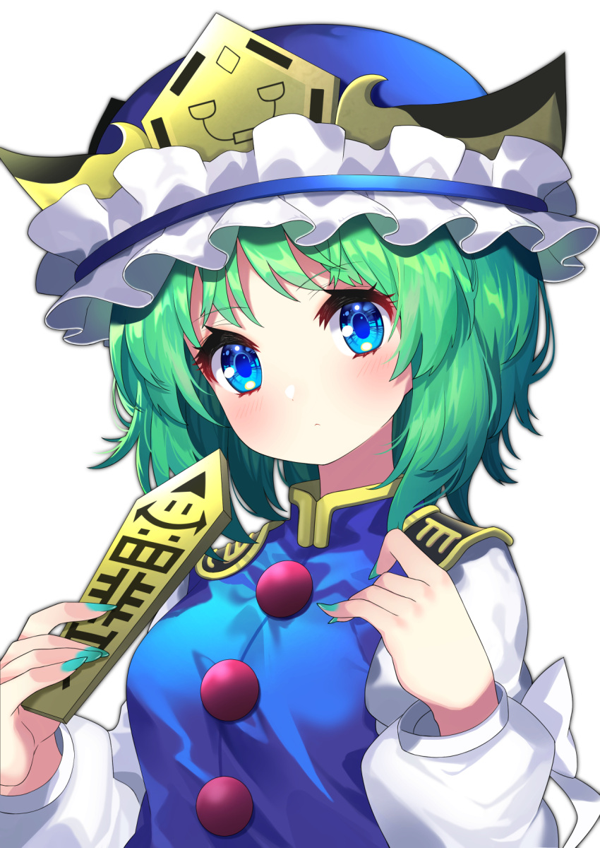 1girl bangs blouse blue_blouse blue_eyes blue_headwear blush breasts closed_mouth eyebrows_visible_through_hair green_hair green_nails hands_up hat highres long_sleeves looking_at_viewer medium_breasts shiki_eiki short_hair simple_background sleeveless solo touhou white_background white_sleeves yuujin_(yuzinn333)