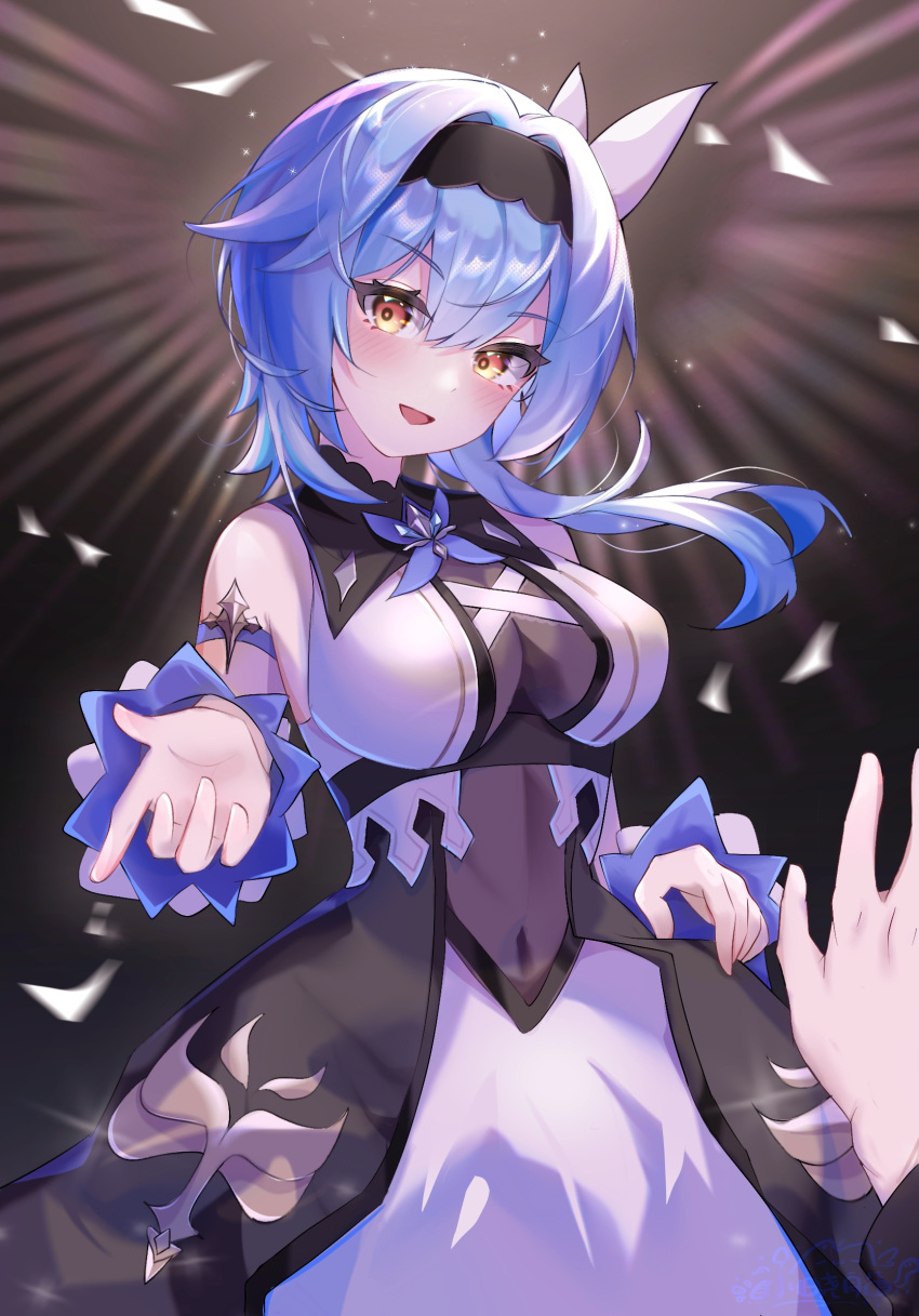 1girl alternate_costume bare_shoulders blue_hair blush bodystocking breasts center_opening cleavage covered_navel dress eula_lawrence genshin_impact hairband half-closed_eyes highres long_sleeves looking_at_viewer medium_breasts medium_hair open_clothes open_dress open_mouth outstretched_hand reaching_out smile solo_focus xiao_xiao_chuan yellow_eyes