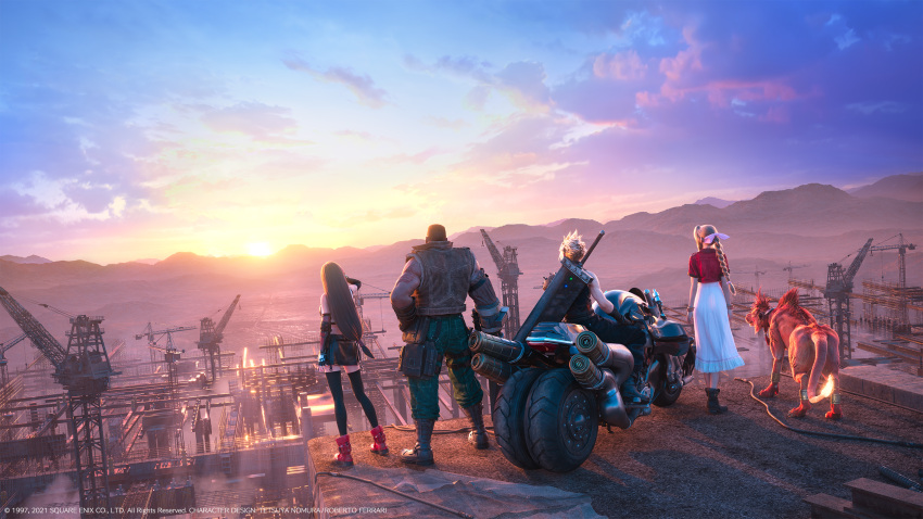 2girls 3boys 3d aerith_gainsborough back barret_wallace black_legwear black_skirt bow buster_sword cloud_strife copyright cropped_jacket dark-skinned_male dark_skin dress final_fantasy final_fantasy_vii final_fantasy_vii_remake from_behind ground_vehicle hair_bow highres jacket materia motor_vehicle motorcycle mountainous_horizon multiple_boys multiple_girls official_art pink_dress red_footwear red_jacket red_xiii road skirt spiked_hair square_enix sunrise tail thighhighs tifa_lockhart vest weapon weapon_on_back