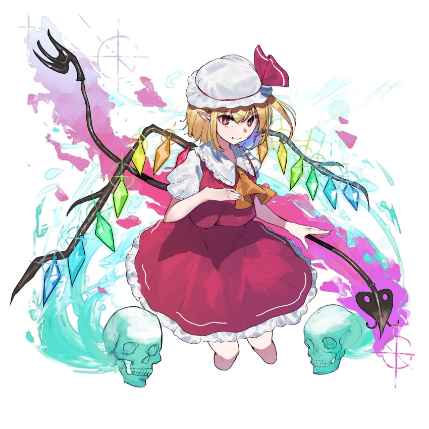 1girl 38_(sanjuuhachi) absurdres ascot bangs blonde_hair bow cropped_legs crystal fang flandre_scarlet frilled_shirt_collar frills hair_between_eyes hand_on_own_chest hat highres holding holding_weapon laevatein looking_at_viewer mob_cap one_side_up paint_splatter pointy_ears puffy_short_sleeves puffy_sleeves rainbow_order red_bow red_eyes red_skirt red_vest shirt short_hair short_sleeves side_ponytail sidelocks skirt skirt_set skull solo sparkle touhou vest weapon white_background white_shirt wings yellow_neckwear