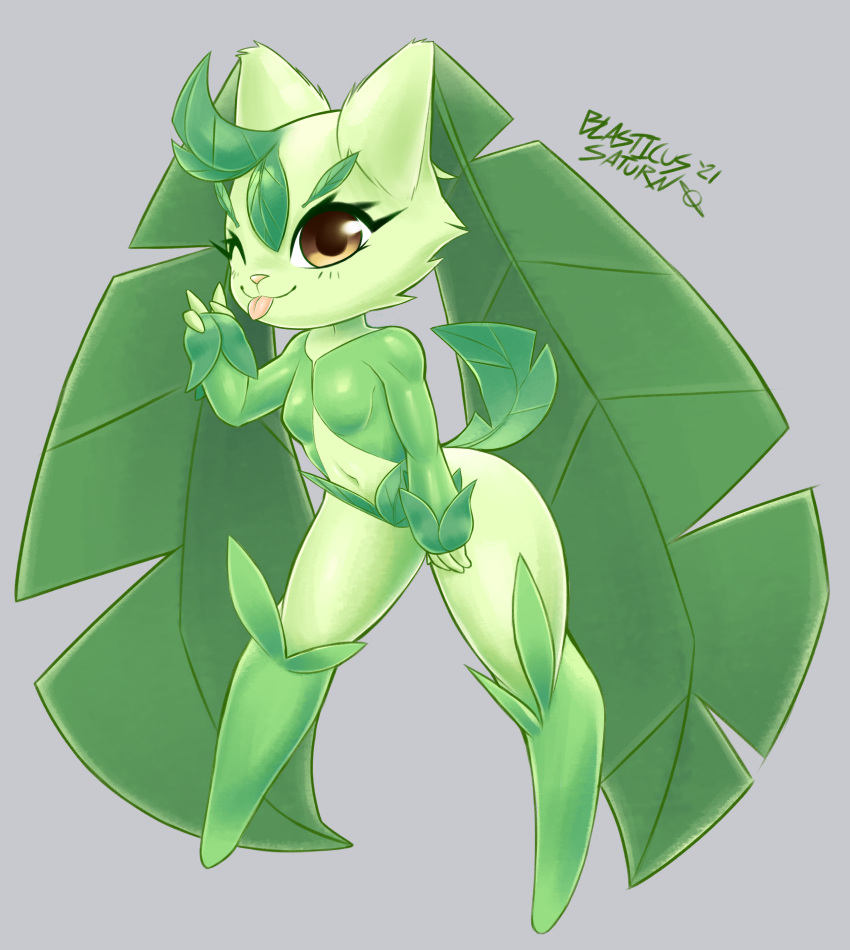 absurd_res anthro blasticussaturn blep female fur gesture green_body green_fur hi_res leaf leaf_ears leaf_hair leaf_tail looking_at_viewer lopunny nintendo one_eye_closed plant plant_hair pok&eacute;mon pok&eacute;mon_(species) pseudo_hair signature simple_background solo tongue tongue_out v_sign video_games wink yellow_eyes