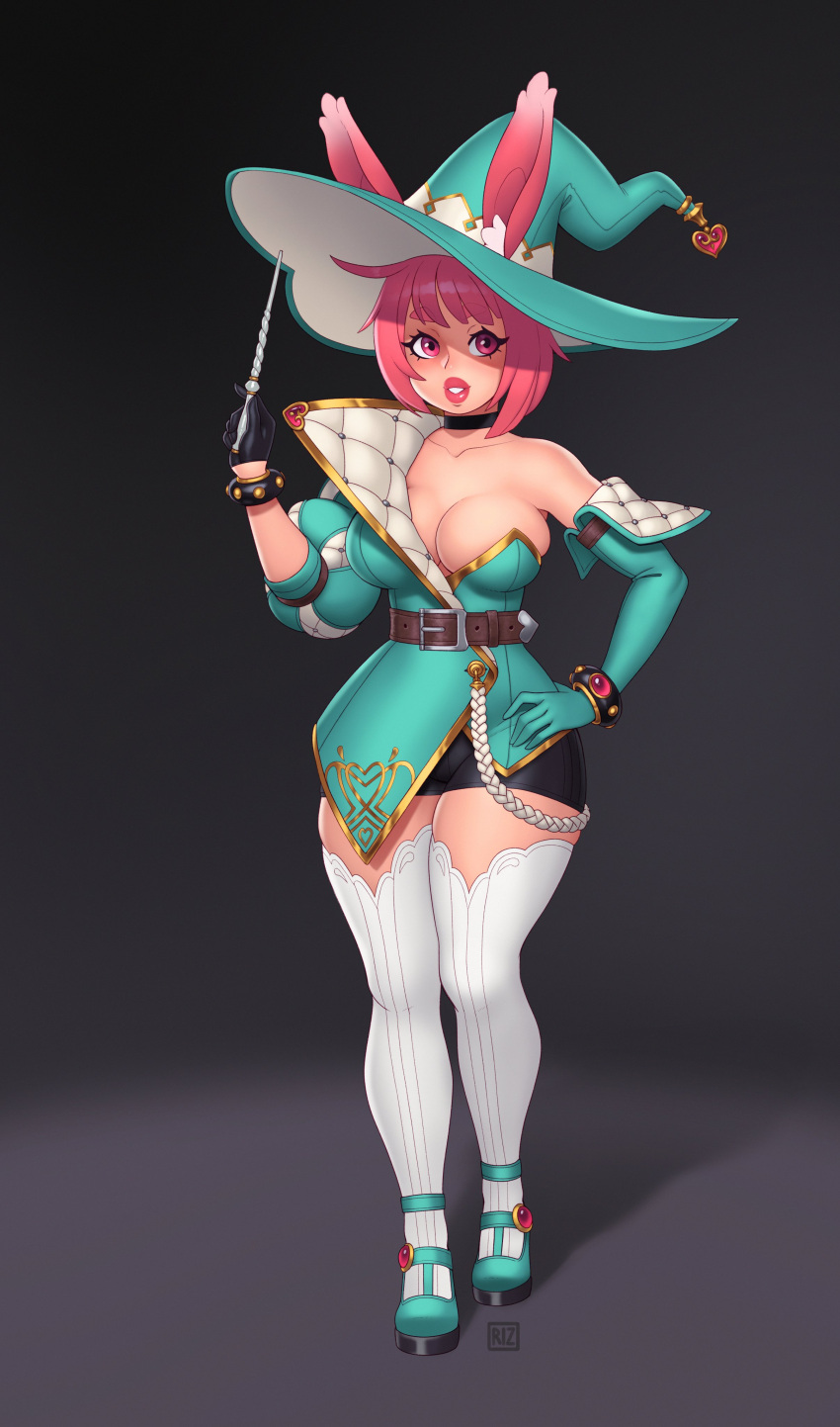 1girl absurdres animal_ears aqua_footwear aqua_headwear asymmetrical_clothes belt black_shorts bonnie_(riz) brown_belt bunny_ears ears_through_headwear full_body hat highres mascot original pink_eyes pink_lips riz shading short_hair shorts thighhighs thighs white_legwear witch_hat