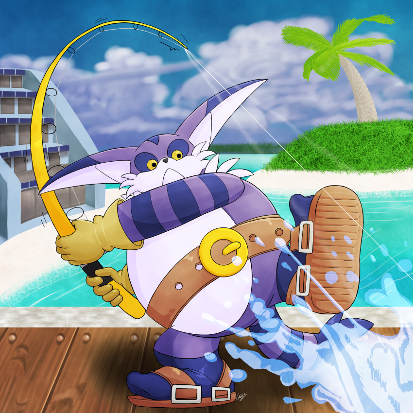 absurd_res anthro beach belly belt big_the_cat clothing dock fishing fishing_rod footwear fur greg_the_lion34 hi_res male overweight overweight_anthro overweight_male purple_body purple_fur sandals seaside solo sonic_adventure sonic_the_hedgehog_(series) striped_body striped_fur stripes water white_belly yellow_sclera