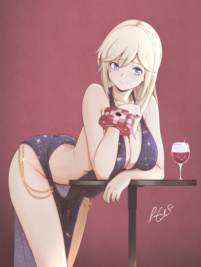 1girl absurdres alcohol alisa_ilinichina_amiella artist_name bangs bare_shoulders between_breasts blonde_hair blue_eyes bracelet breasts chain closed_mouth collarbone commentary cup dress god_eater god_eater_2:_rage_burst gradient gradient_background highres jewelry leaning_forward lips long_hair medium_breasts revealing_clothes senacolada signature sleeveless sleeveless_dress smile solo table thighs wine