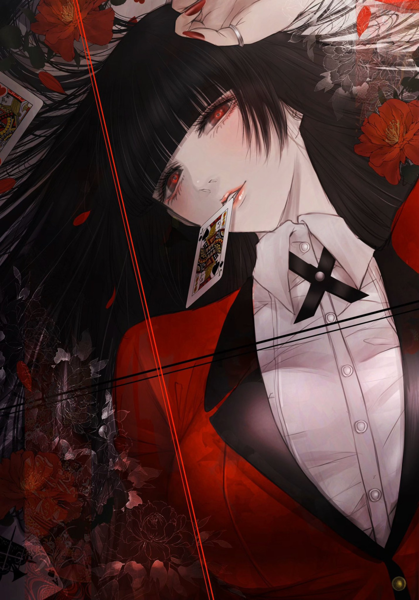 1girl bangs black_hair breasts highres hyakkaou_academy_uniform jabami_yumeko jack_of_hearts jack_of_spades jewelry kakegurui long_hair looking_at_viewer lying on_back pale_skin red_eyes ring satsuki_kei school_uniform teeth_hold thumb_ring upper_body