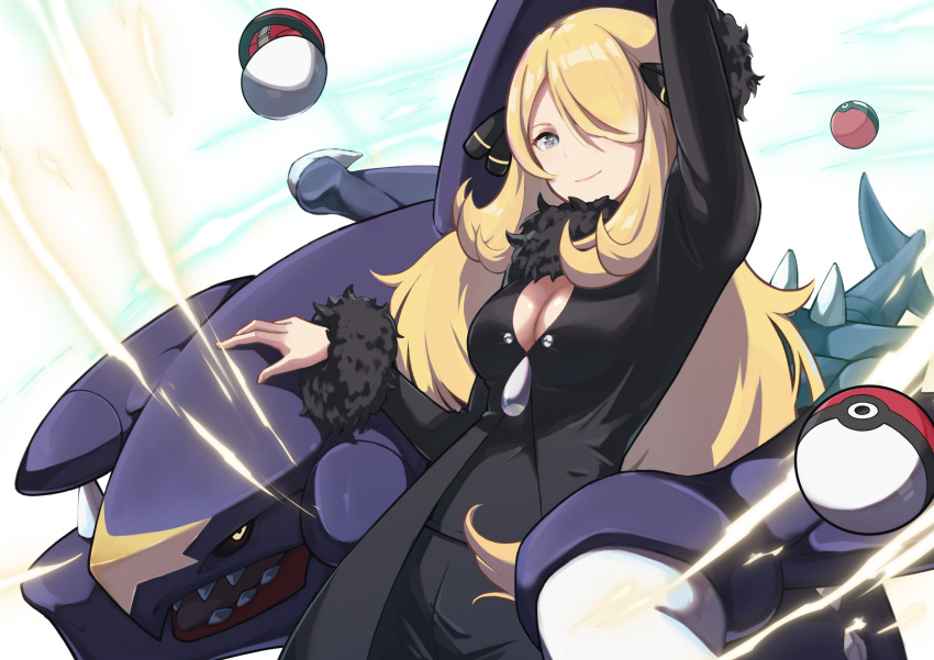 1girl absurdres arm_up black_coat black_pants black_shirt blonde_hair breasts cleavage closed_mouth coat commentary_request cynthia_(pokemon) energy fur-trimmed_coat fur_trim garchomp gen_4_pokemon grey_eyes hair_ornament hair_over_one_eye highres itou_kazuki long_hair long_sleeves pants poke_ball poke_ball_(basic) pokemon pokemon_(creature) pokemon_(game) pokemon_dppt shiny shiny_hair shirt smile