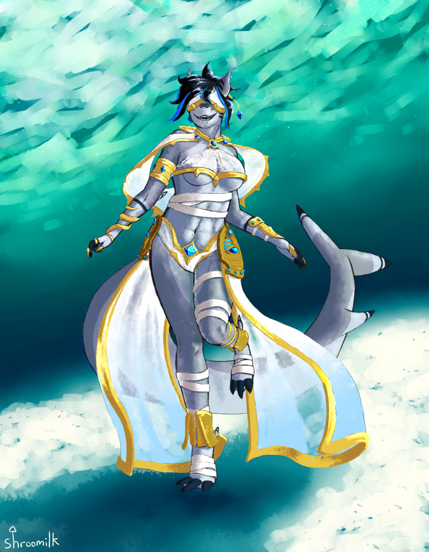 abs absurd_res anthro breasts clothing covered_eyes feet female fish gem gold_(metal) hi_res ineffective_clothing jewelry marine navel navel_piercing non-mammal_breasts piercing shark shark_tail shroomilk silk solo teeth under_boob underwater water wrappings