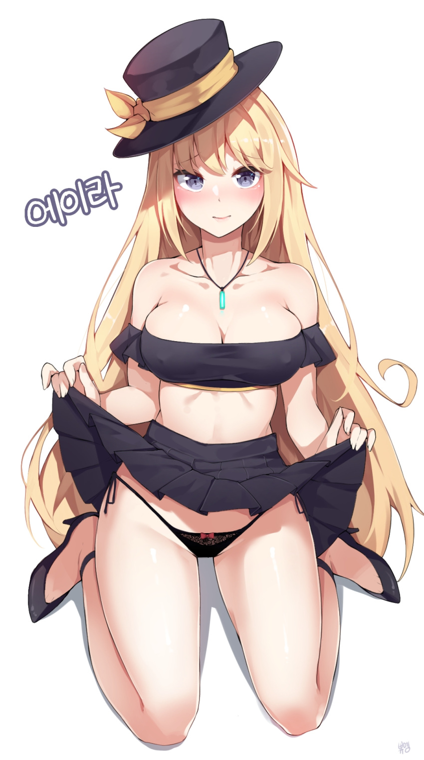 1girl bangs bare_shoulders black_footwear black_headwear black_skirt blush bow bow_panties breasts character_request chukibabo2 collarbone commission covered_nipples dungeon_and_fighter eyebrows_visible_through_hair frilled_sleeves frills grey_eyes hat high_heels highres jewelry large_breasts lifted_by_self long_hair looking_at_viewer midriff miniskirt necklace nose_blush off-shoulder_shirt off_shoulder panties pleated_skirt shirt shoes short_sleeves side-tie_panties simple_background sitting skirt skirt_lift solo string_panties thighs top_hat underwear very_long_hair wariza white_background