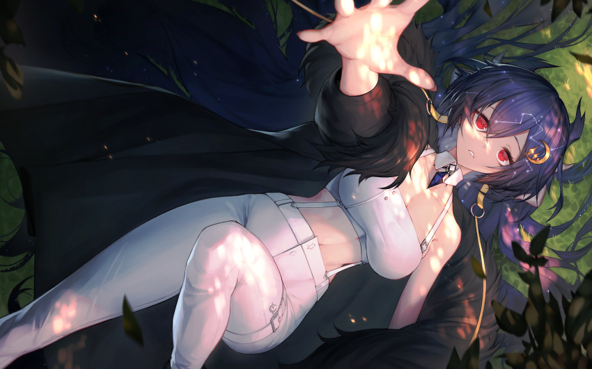 1girl absurdres bangs black_hoodie blue_hair breasts cleavage cloud9 commission crop_top detached_collar english_commentary eyebrows_visible_through_hair fur_trim highres hood hoodie jin_grey_paladin open_hand open_mouth parted_lips reaching_out red_eyes solo suspenders thigh_strap vienna_(vtuber) virtual_youtuber