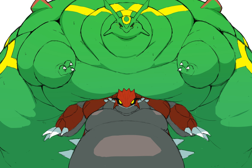 ambiguous_gender anthro belly belly_squish duo feral green_belly green_body grey_belly groudon hi_res immobile legendary_pok&eacute;mon morbidly_obese nintendo obese overweight pok&eacute;mon pok&eacute;mon_(species) rayquaza red_body squish video_games zephy_03