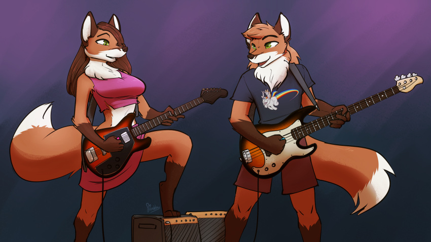 anthro bass_guitar brother brother_and_sister canid canine duo female feretta fox guitar hi_res jamesthefox jane_fox male mammal musical_instrument plucked_string_instrument sibling sister string_instrument twins