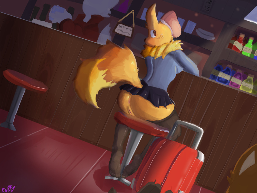 5_toes absurd_res alcohol ambiguous_fluids ambiguous_gender ambiguous_species anthro anthrofied anus bar beverage big_butt black_clothing blue_clothing bottle bottomless bottomwear breasts brown_body brown_eyes brown_fur brown_pupils butt chair clothed clothing clothing_lift cup detailed detailed_background detailed_fur eevee fan_character feet female ferty floor fluffy fluffy_tail fur furniture genitals glistening glistening_eyes group hat headgear headwear hi_res humanoid_feet humanoid_genitalia lamp legwear luggage nails neck_tuft nintendo orange_body orange_fur pantyhose partially_clothed plate pok&eacute;mon pok&eacute;mon_(species) public public_nudity pupils pussy rear_view red_clothing sign sitting skirt skirt_lift small_breasts toes topwear tuft video_games wardrobe_malfunction white_body white_fur wood