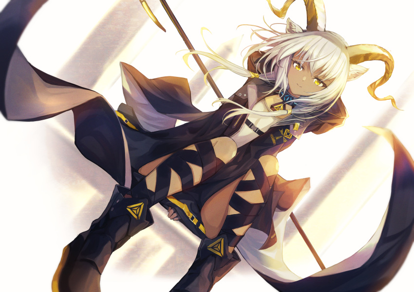 1girl animal_ears arknights beeswax_(arknights) between_legs black_footwear black_jacket boots collar dark_skin dutch_angle gefujin goat_ears goat_girl goat_horns hair_tubes highres horns infection_monitor_(arknights) jacket knees_up long_hair looking_at_viewer open_clothes open_jacket shirt sitting smile solo staff strap weapon weapon_on_back white_hair white_shirt yellow_eyes