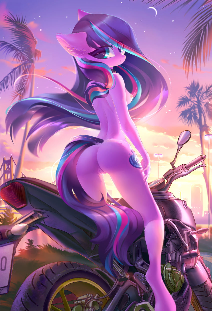 absurd_res anthro breasts butt city equid equine fan_character female floppy_ears friendship_is_magic fur genitals hair hasbro hi_res horse jumperkit looking_at_viewer looking_back mammal moon motorcycle my_little_pony nude palm_tree pink_body pink_fur plant pony purple_hair pussy scenery serenity_pond_(shooterism) side_boob solo sunset touching_leg tree vaporwave vehicle