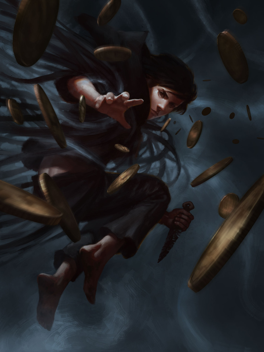 1boy barefoot black_pants brown_eyes brown_hair cape closed_mouth coin commentary dagger english_commentary fingernails flying from_side highres holding holding_dagger holding_weapon kelsier looking_at_viewer looking_to_the_side male_focus manuel_castanon mistborn pants reaching_out reverse_grip solo weapon