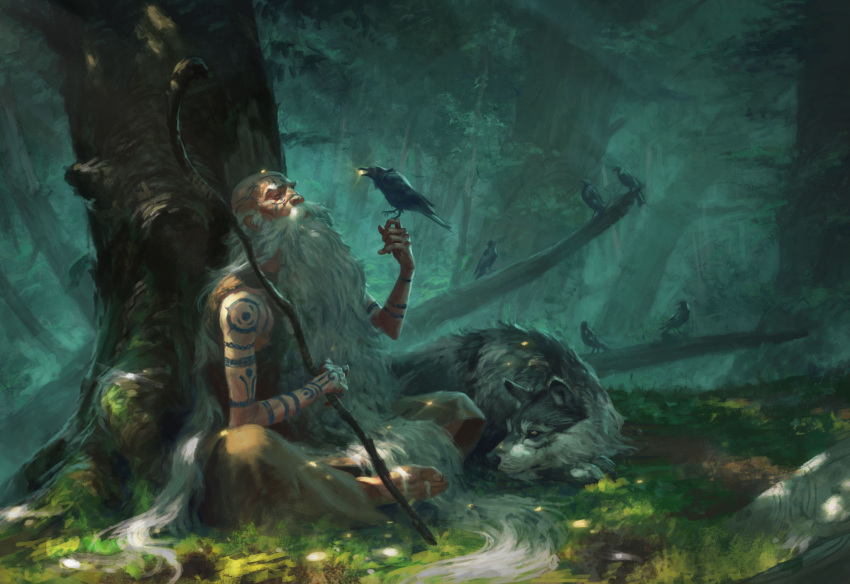 1boy against_tree bald beard bird closed_eyes closed_mouth commentary crow druid english_commentary facial_hair forest full_body_tattoo glint grass highres holding holding_staff indian_style long_beard male_focus manuel_castanon nature old old_man original sitting solo staff tattoo tree