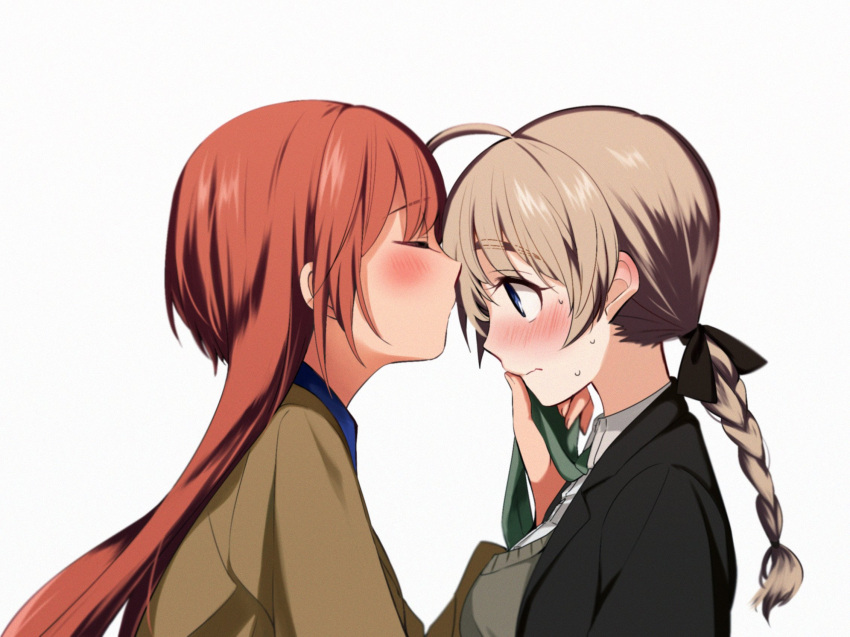 2girls ahoge bangs black_jacket black_ribbon blue_shirt blush braid braided_ponytail brown_jacket closed_eyes closed_mouth commentary dress_shirt eyebrows_visible_through_hair forehead_kiss frown green_neckwear grey_sweater hair_ribbon hand_on_another's_face highres jacket kiss long_hair looking_at_another lynette_bishop military military_uniform multiple_girls necktie necktie_grab neckwear_grab patricia_schade red_hair ribbon shirt simple_background single_braid strike_witches sweatdrop sweater tamasaki_tama uniform white_background white_shirt world_witches_series yuri