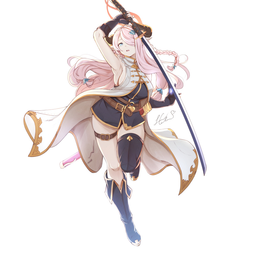 1girl absurdres armpits artist_name asymmetrical_footwear bangs belt blue_eyes boots braid breasts coat commentary draph elbow_gloves fingerless_gloves full_body gloves granblue_fantasy granblue_fantasy_versus hair_ornament hair_over_one_eye highres holding holding_sword holding_weapon horns katana knee_boots large_breasts leg_up long_hair looking_at_viewer narmaya_(granblue_fantasy) open_mouth pink_hair pointy_ears senacolada sheath signature simple_background sleeveless solo sword thigh_boots thigh_strap thighhighs thighs tied_hair weapon white_background