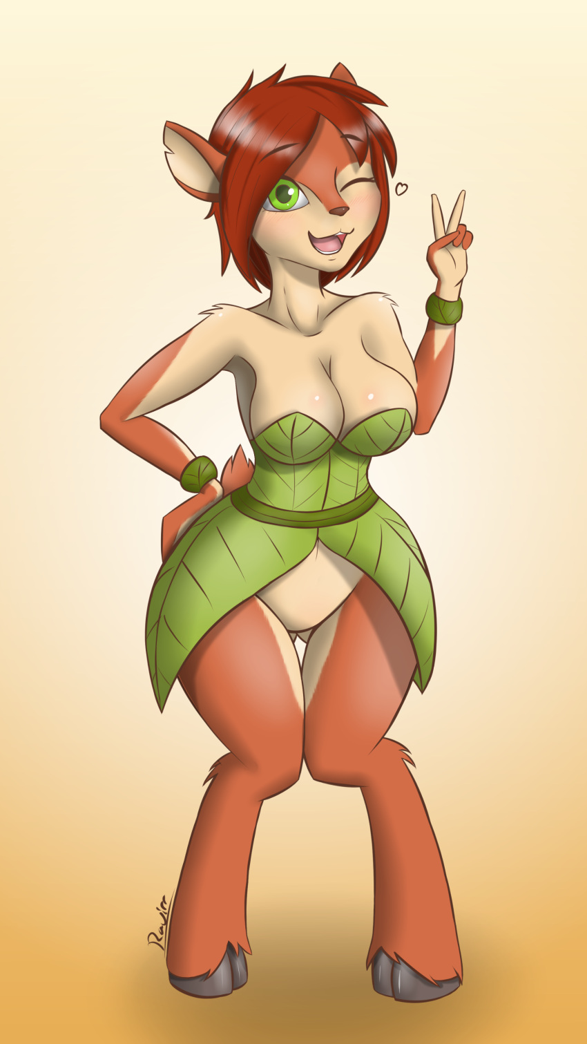 &lt;3 2020 5_fingers absurd_res activision anthro breasts brown_body brown_fur brown_hair camel_toe cervid cervine cleavage clothed clothing cloven_hooves elora faun faun_(spyro) featureless_crotch female fingers fur gesture green_eyes hair hi_res hooves leaf_clothing looking_at_viewer mammal one_eye_closed open_mouth open_smile ravirr signature smile solo spyro_the_dragon v_sign video_games wink winking_at_viewer wristband