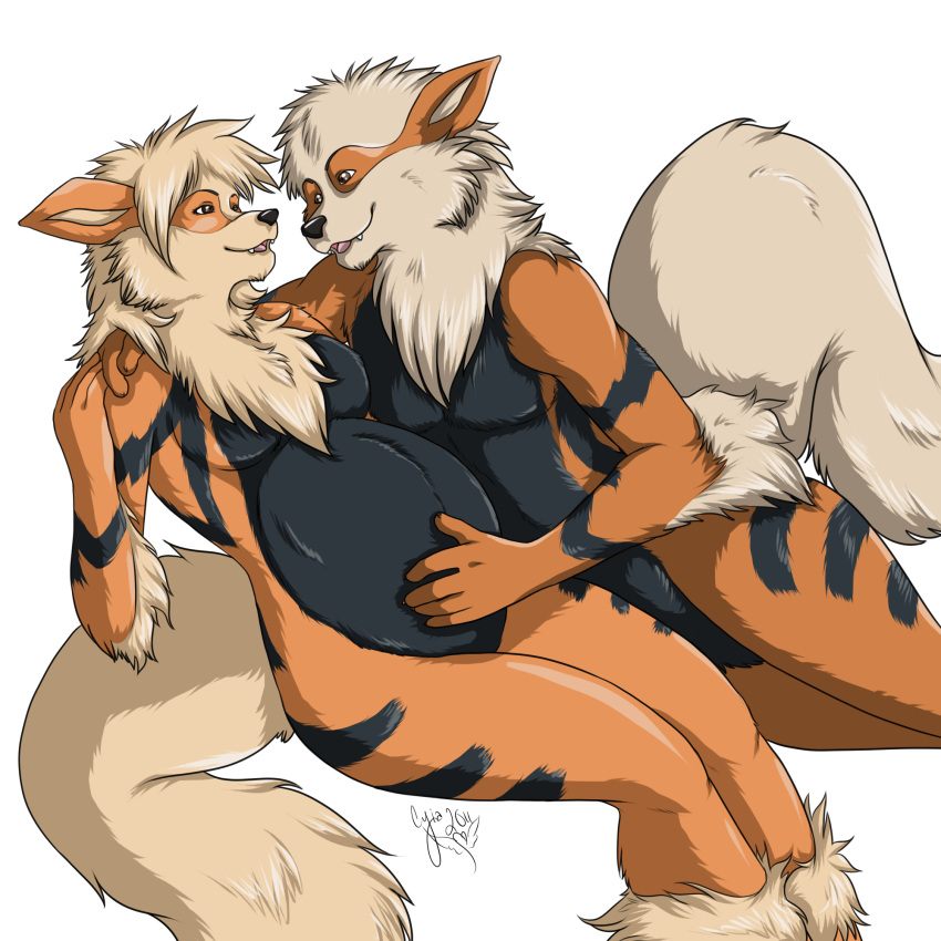 2011 5_fingers ankle_tuft anthro anthrofied arcanine arm_around_shoulders arm_tuft belly big_belly black_body black_fur black_nose black_stripes breasts canid canine cyiakanami digital_media_(artwork) duo elbow_tufts fangs female fingers fluffy fluffy_tail fur hand_on_own_shoulder hand_on_shoulder hand_on_stomach happy hi_res humanoid_hands leg_tuft looking_at_another lying male male/female mammal mane multicolored_body multicolored_fur nintendo nude on_back on_side open_mouth orange_body orange_fur pok&eacute;mon pok&eacute;mon_(species) pok&eacute;morph pregnant pregnant_female romantic_couple signature simple_background smile striped_body striped_fur stripes tan_body tan_fur tan_mane tuft video_games white_background