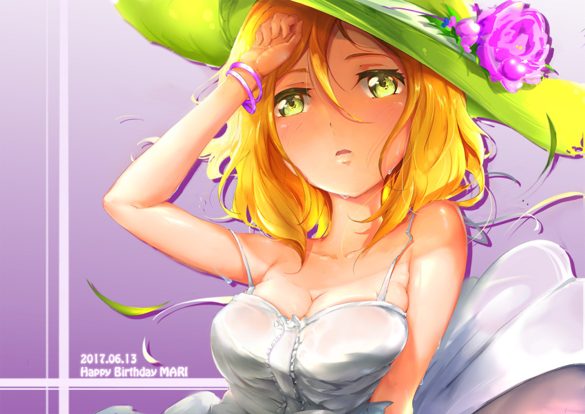 1girl arm_up background_text blonde_hair bracelet breasts cleavage concert dress flash_game flower green_eyes green_headwear hat highres idol jewelry looking_at_viewer love_live! love_live!_school_idol_festival love_live!_sunshine!! ohara_mari purple_background purple_flower renze_l sweat white_dress