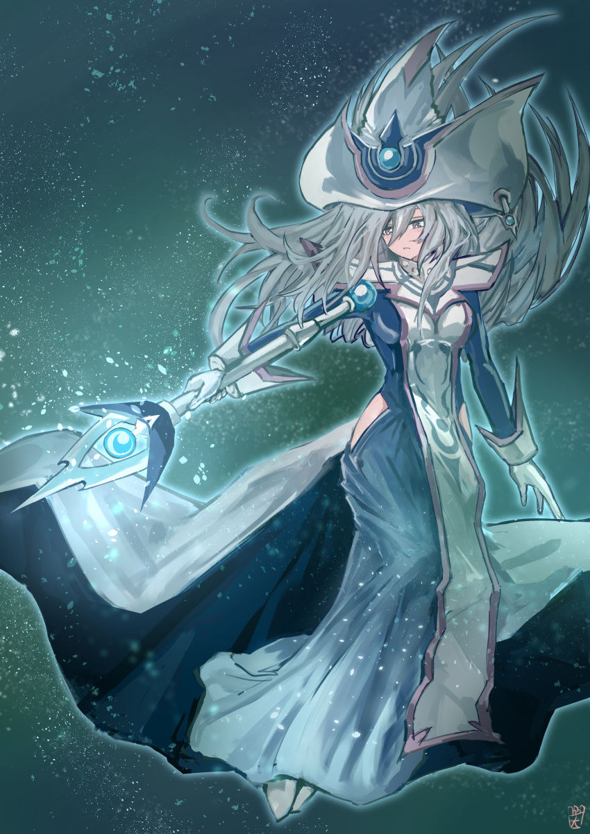 1girl absurdres breasts commentary dress duel_monster floating floating_hair gloves glowing glowing_hair glowing_staff grey_eyes hair_between_eyes hat highres hip_vent holding holding_staff long_hair long_sleeves magic ootato signature silent_magician silver_hair solo staff wizard_hat yu-gi-oh!