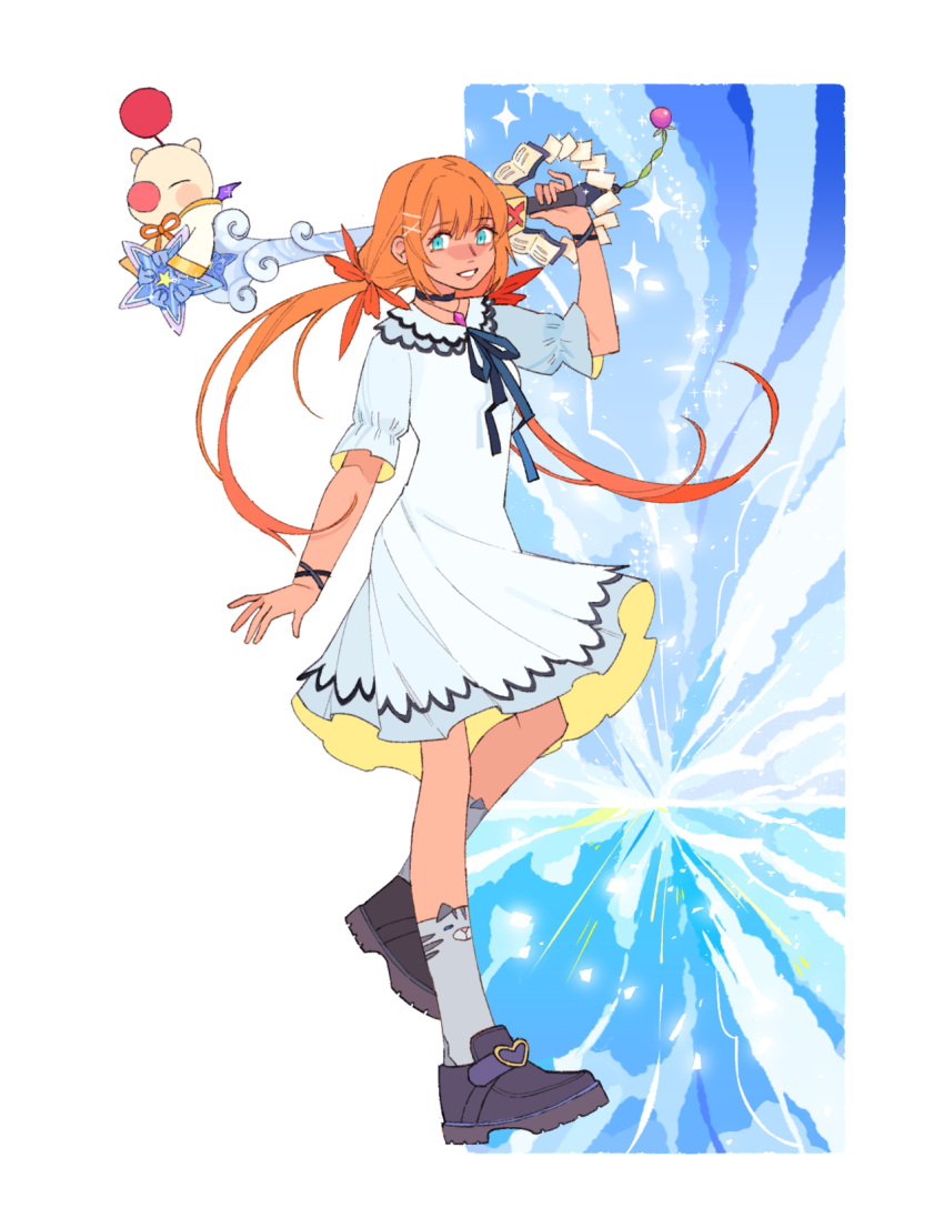 1girl blue_eyes boybun choker dress highres jewelry keyblade kingdom_hearts long_hair looking_at_viewer necklace red_hair shoes simple_background smile socks solo strelitzia_(kingdom_hearts) white_dress