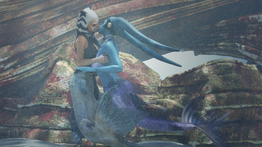 ahsoka_tano alien alien_humanoid alternate_species animal_humanoid blue_body blue_skin clothing daz3d daz_studio duo embrace facial_markings female female/female fish fish_humanoid head_markings hi_res hulksmash31 hulksmash31_(artist) humanoid kissing lekku_(anatomy) marine marine_humanoid markings merfolk mermaid_tail mermaidification orange_body orange_skin star_wars togruta twi'lek underwater water