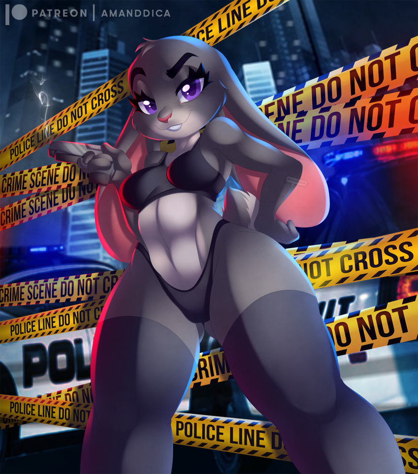 4_fingers amanddica anthro bad_trigger_discipline black_bra black_clothing black_legwear black_panties black_stockings black_thong black_underwear bra buckteeth building camel_toe car city clothing dipstick_tail disney female fingers fur grey_body grey_fur gun half-closed_eyes hand_on_hip handgun hi_res holding_gun holding_object holding_weapon judy_hopps lagomorph legwear leporid looking_at_viewer low-angle_view mammal multicolored_tail narrowed_eyes night outside panties police_car police_tape purple_eyes rabbit ranged_weapon scut_tail smug smug_expression smug_eyes smug_grin solo stockings teeth thigh_highs thong underwear vehicle weapon zootopia