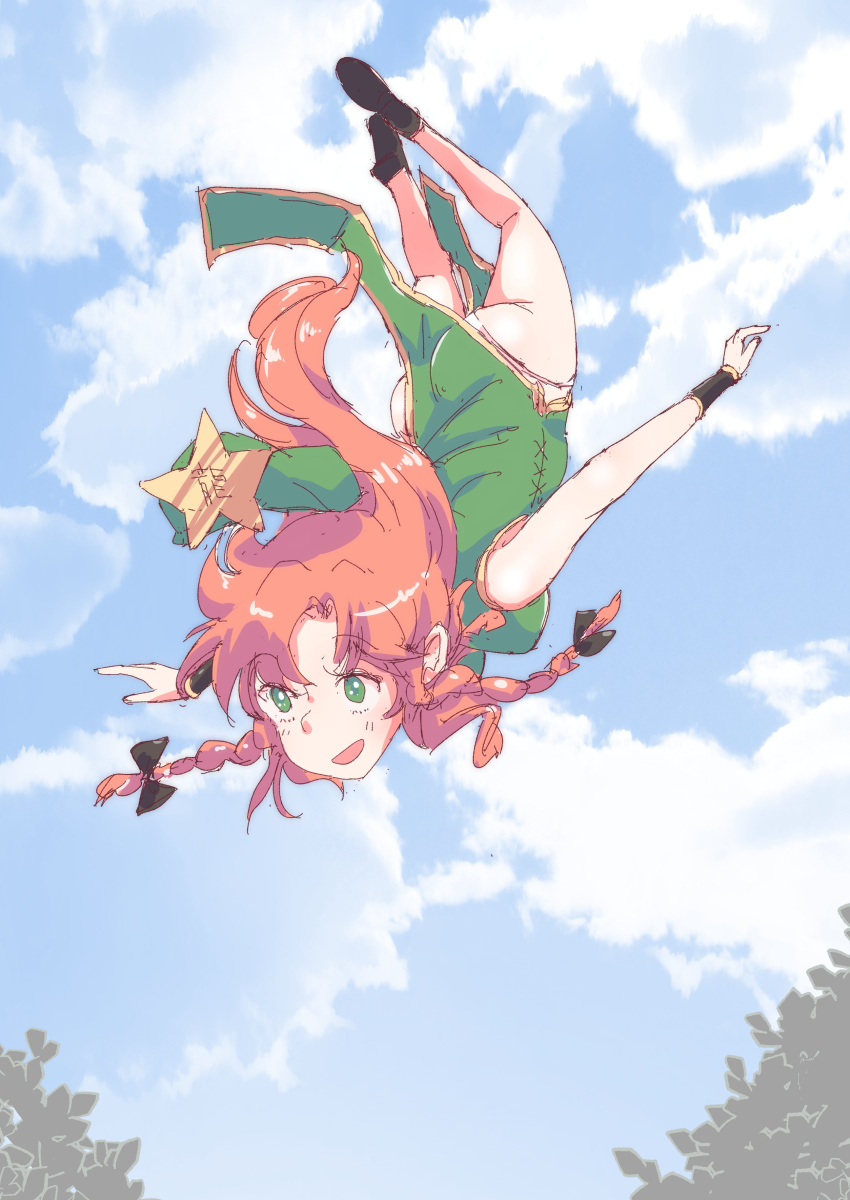 1girl absurdres beret blue_sky braid china_dress chinese_clothes day dress falling green_dress green_eyes green_headwear hat highres hong_meiling long_hair non_(z-art) outdoors pelvic_curtain red_hair side_braid sky sleeveless smile touhou twin_braids