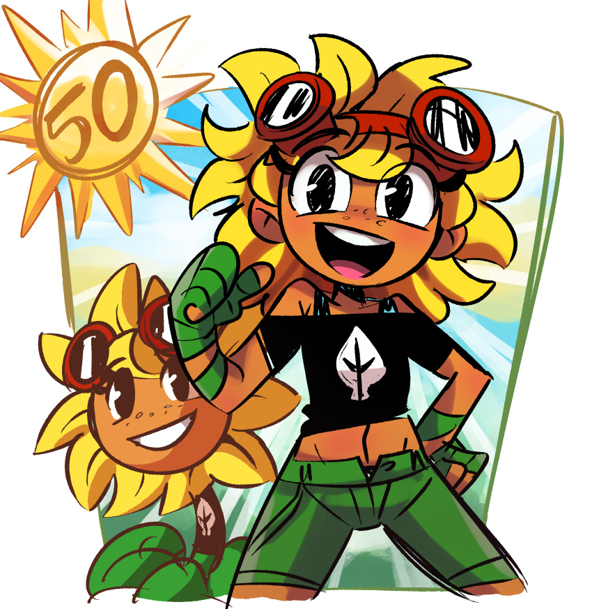 1girl :d absurdres bare_shoulders black_shirt blonde_hair creature_and_personification cropped_legs dark-skinned_female dark_skin eyewear_on_head flower green_shorts hand_wraps highres midriff navel off_shoulder open_mouth peargor personification plants_vs_zombies pointing pointing_at_self shirt shorts smile solo sunflower sunflower_(plants_vs_zombies) sunflower_(plants_vs_zombies)_(peargor) tomboy