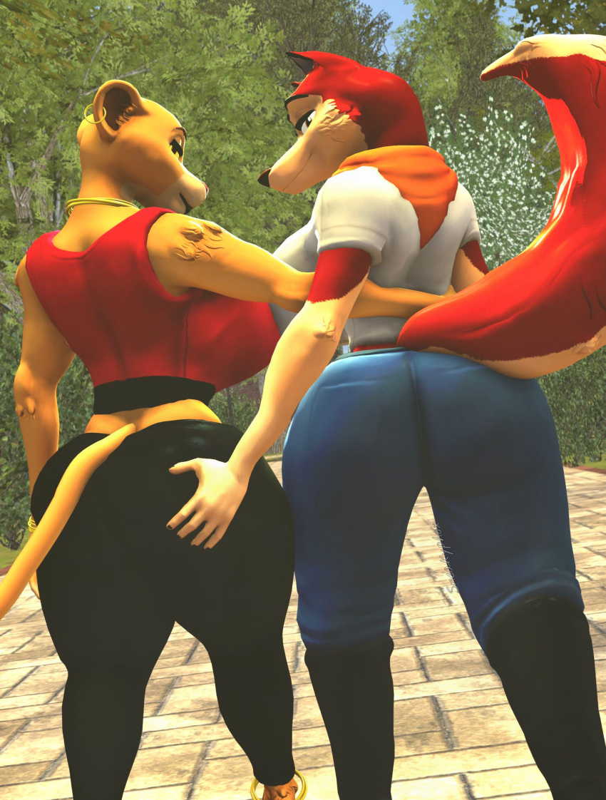 3d_(artwork) absurd_res anthro balto_(film) bandanna big_breasts big_butt bottomwear breasts butt canid canine canis clothing denim denim_clothing digital_media_(artwork) disney domestic_dog duo ear_piercing ear_ring felid female female/female groping_butt hi_res husky jeans jenna_(balto) jewelry kerchief kiara lion mammal mature_female necklace nordic_sled_dog pantherine pants piercing sneakyphox spitz sweatpants the_lion_king thick_thighs walking