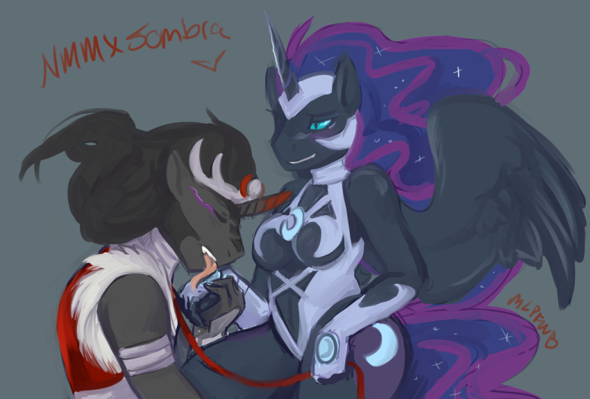 anthro aries84 blush cutie_mark domination duo equid equine eyes_closed female female_domination friendship_is_magic horn king_sombra_(mlp) leash licking male male/female mammal my_little_pony nightmare_moon_(mlp) simple_background skimpy_armor tongue tongue_out unicorn winged_unicorn wings