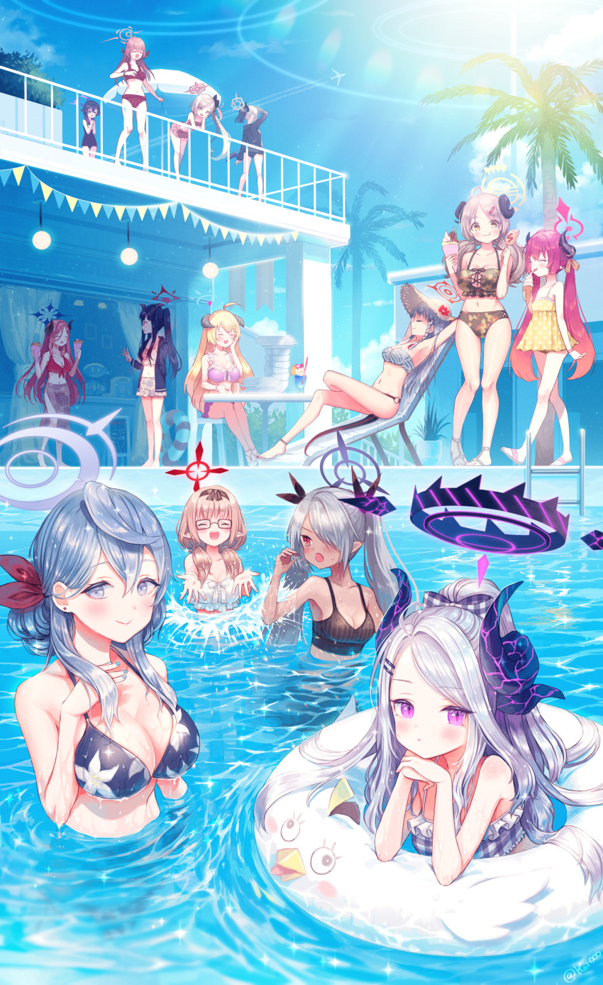 6+girls absurdres akari_(blue_archive) alternate_costume aru_(blue_archive) blue_archive blush breasts cleavage closed_eyes cloud fuuka_(blue_archive) hair_ornament hairclip halo haruka_(blue_archive) haruna_(blue_archive) highres horns innertube junko_(blue_archive) large_breasts looking_at_viewer multiple_girls mutsuki_(blue_archive) nishiki_koi palm_tree pool ribbon side_ponytail sky small_breasts surprised swimsuit tail tree twintails