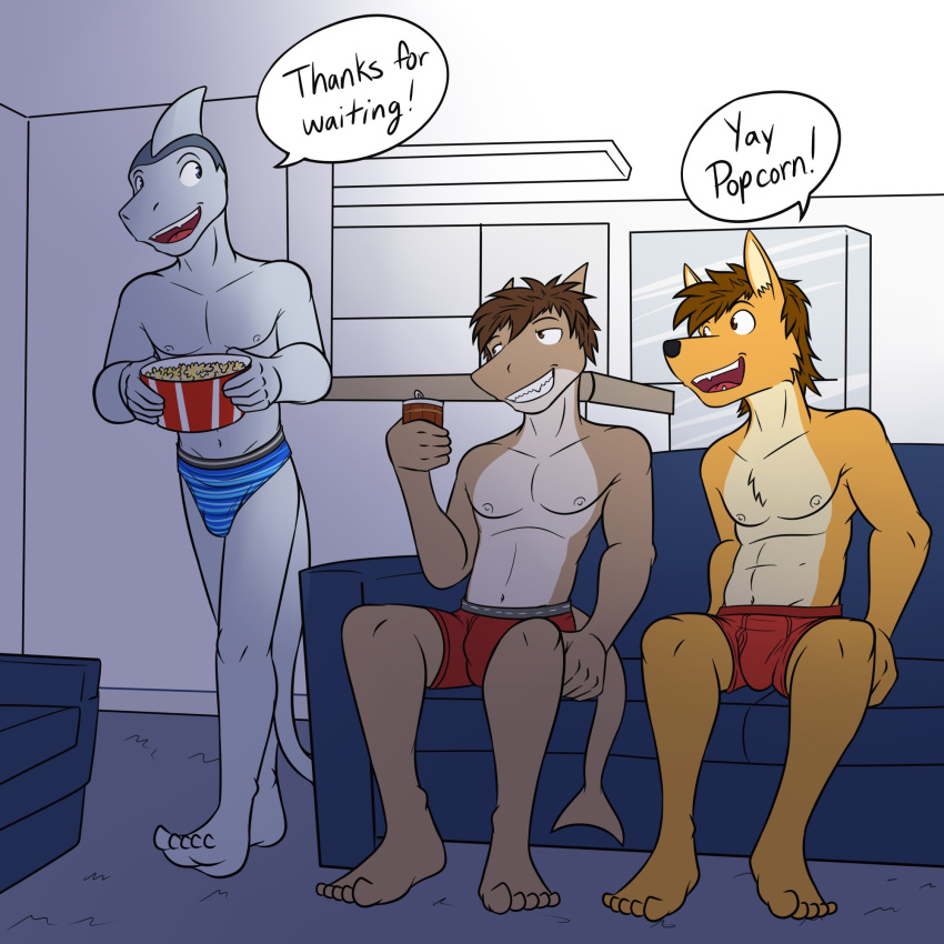 anthro beverage beverage_can boxer_briefs boxers_(clothing) briefs bulge canid canine canis clothed clothing coyote dialogue english_text fish food furniture fuze hi_res holding_beverage holding_object ian_(fuze) male mammal marine mond_reyes navel nipples popcorn shark sitting sofa texnatsu text topless trio underwear underwear_only