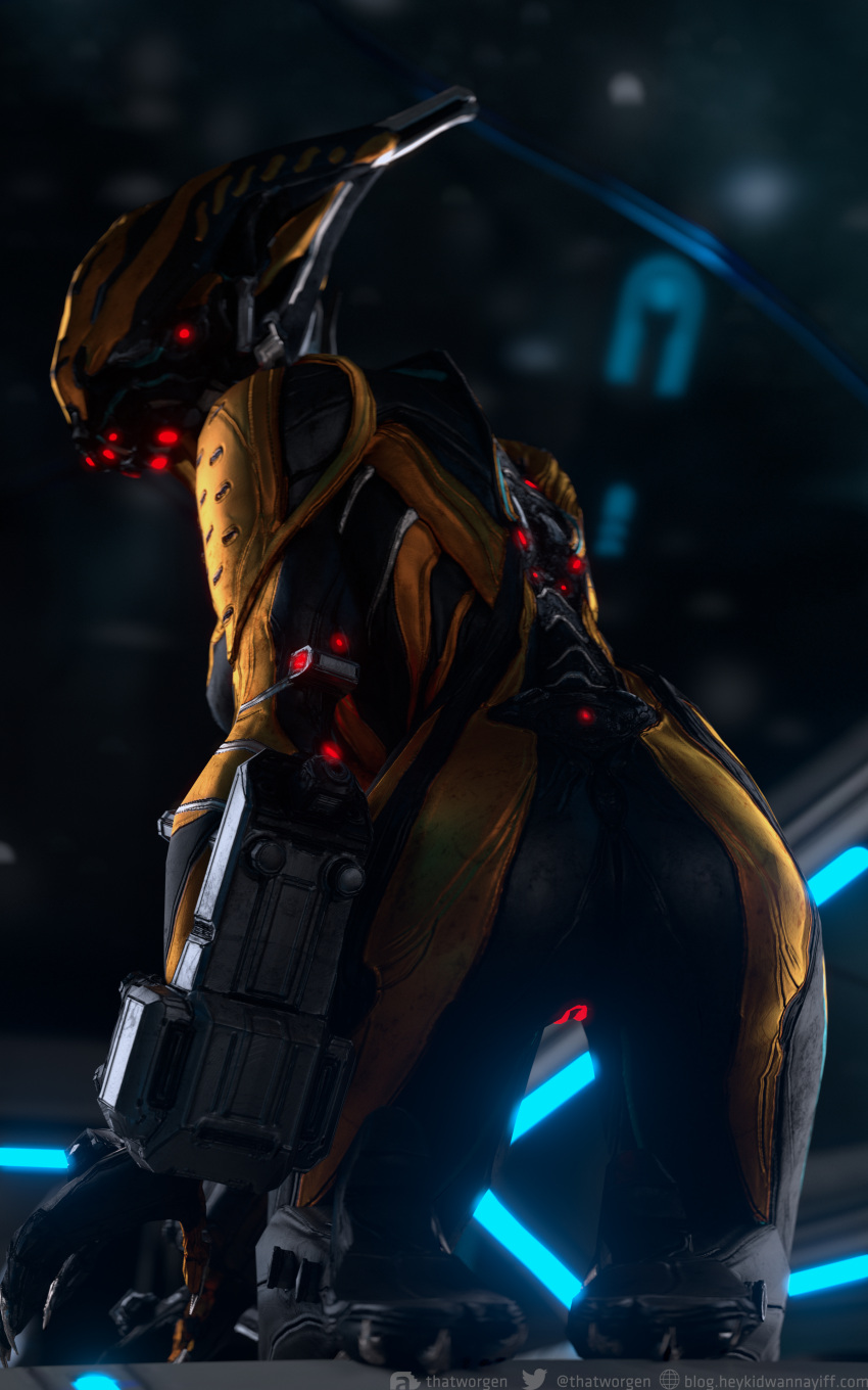 2020 3d_(artwork) absurd_res alien butt claws digital_media_(artwork) feet female genitals glowing glowing_genitalia glowing_pussy hi_res humanoid looking_at_viewer looking_back not_furry pussy solo tenno thatworgen valkyr_(warframe) video_games warframe